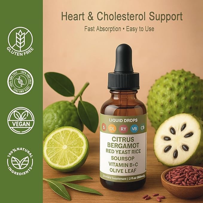 Red Yeast Rice Drops - Cholesterol Support Blend with Citrus Bergamot Red Yeast Rice Soursop Olive Leaf &amp Vitamin B+C Natural Non-GMO Vegan Dietary Supplement 2 fl oz