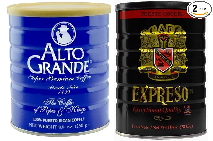 Alto Grande Super Premium Medium-Dark Ground Coffee 8.8 Ounce Canister and Garrido Expreso Dark Roast Coffee 10 Ounce Canister Arabica Puerto Rico Variety Bundle