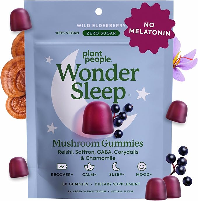 Plant People WonderSleep Mushroom Gummies Supplement for Sleep No Melatonin with Reishi Super Mushrooms Wild Elderberry Flavor Sugar-Free (60 Count)