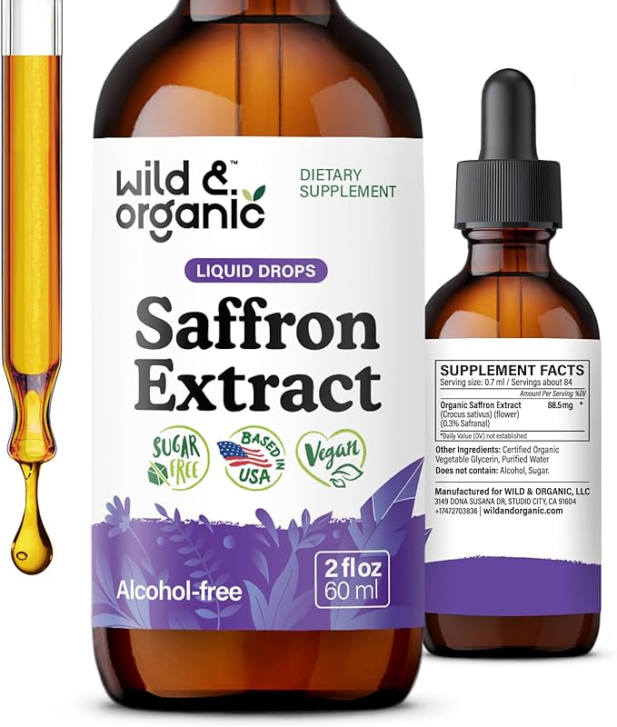 Wild &amp Organic Saffron Supplements 88.5 mg - Saffron Drops for Mood Brain Vision Support - Crocus Sativus Liquid Extract - Vegan Sugar &amp Alcohol-Free Tincture - 2 fl oz