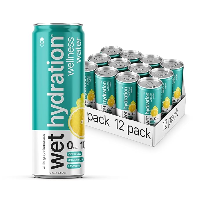 Wet Hydration Wellness Water | Electrolyte Drink with Ashwagandha &amp L-Theanine – White Grape Lemonade (12oz Cans Pack of 12) | Zero Sugar 10 Calories Zero Bubbles Functional Hydration
