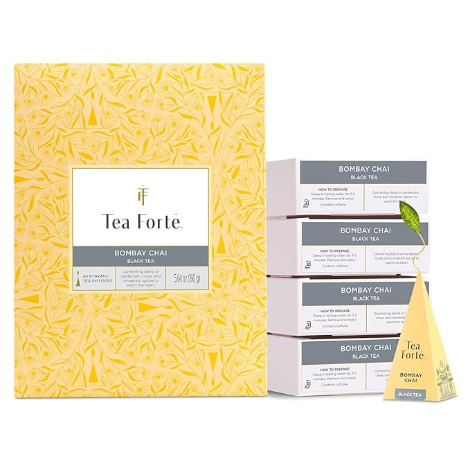 Tea Forte Bombay Chai Premium Caffeinated Black Tea Blend Event Box Bulk Pack 40 Count 10 per tray Individually Wrapped Handcrafted Pyramid Infusers