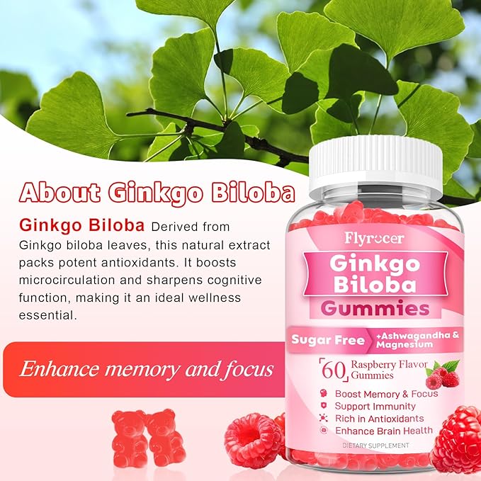 2 Pack Ginkgo Biloba 300mg Gummies for Adults &amp Kids Ginkgo Biloba Supplements for Focus Memory and Brain Health Vegan Sugar-Free Raspberry Flavor 120 Count