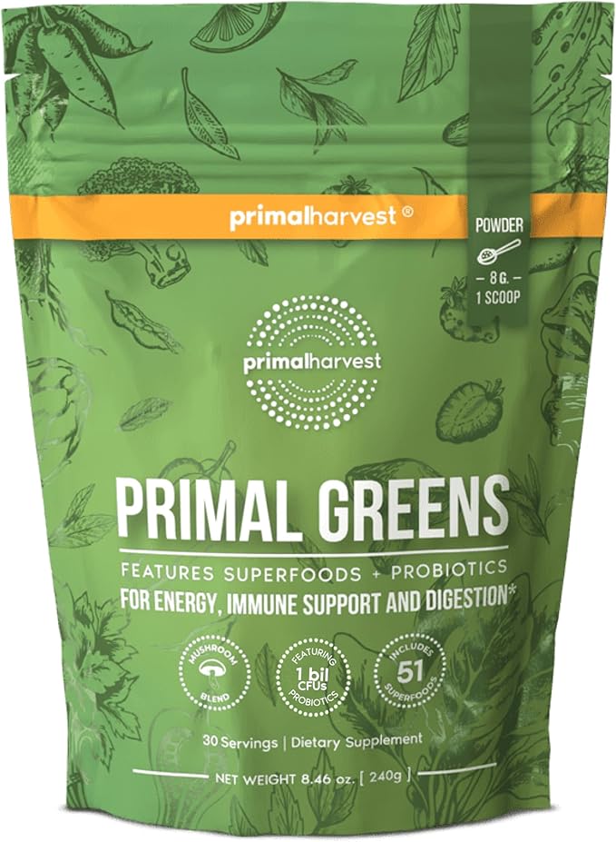 Primal Harvest Super Greens Powder 30 Servings w/+50 Greens Superfood Chlorella Probiotics Green Tea Wheatgrass Kale Turmeric for EnergyPrimal Greens