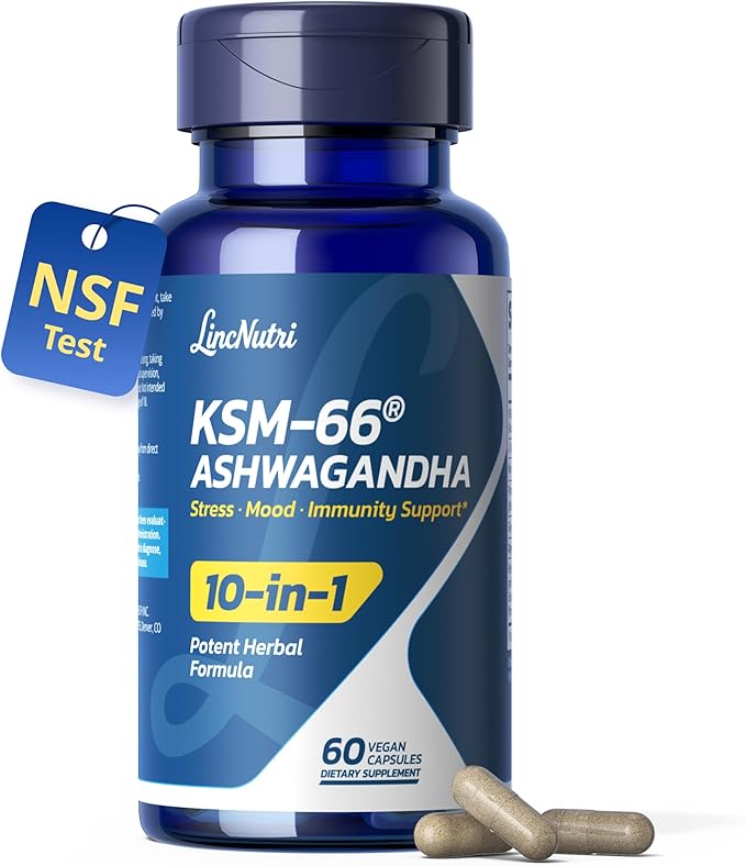 KSM-66 Ashwagandha Supplements | Ashwagandha Root Extract for Women &amp Men | 10-in-1 Adaptogen Complex for Cortisol Support Stress Energy &amp Immune Support | 60 Vegan Capsules