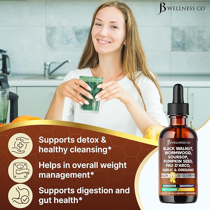 Wormwood Black Walnut Cleanse for Humans Drops Liquid Soursop Garlic Pumpkin Seed PAU D'Arco Oil of Oregano Turmeric Berberine Neem Extract Hull Bark Tincture - 4 oz
