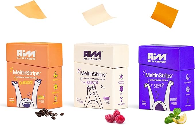 MeltinStrips® Daily Wellness Essentials | Nootropic Energy for Focus Drug-Free Sleep Aid &amp Skin Glow | Vegan Sugar-Free 24-Hour Wellness Kit | 90 Fast Dissolving Oral Strips