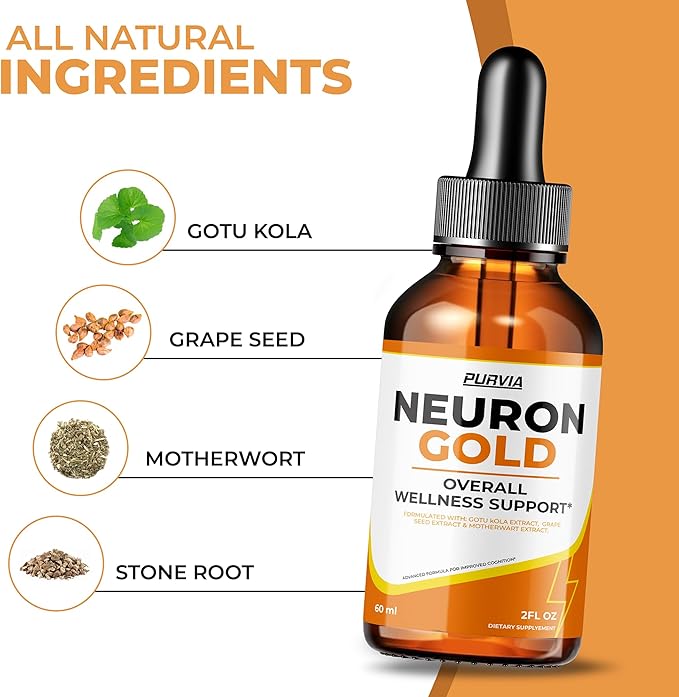 Neuron Gold Drops NeuronGold Liquid Supplement Neuropathy Nutritional Support For Health Relief Nerve Pain Vitamins Stimulator Essentials Regeneration for Memory Focus Concentration Clarity (2oz)