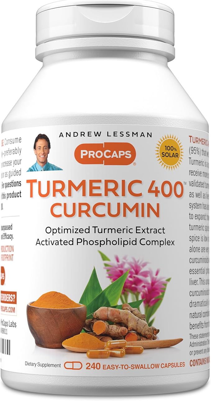 ANDREW LESSMAN Turmeric 400mg - 240 Capsules - 95% Curcuminoids as Phospholipid Complex for Optimum Benefits and Absorption High Potency Standardized Extract Small Easy to Swallow Capsules