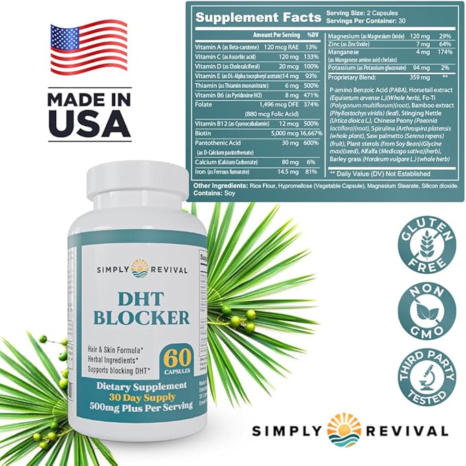 DHT Blocker for Men &amp Women – Saw Palmetto Herbal Supplement for Hair Growth – Supports Regrowth Reduces Shedding Strengthens Hair &amp Scalp – 60 Capsules