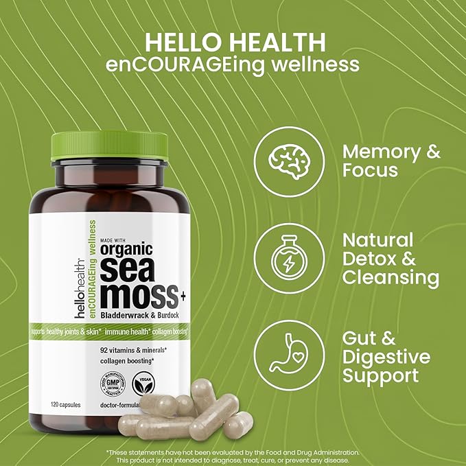 Organic Irish Sea Moss Capsules: Wildcrafted Sea Moss Burdock Root &amp Bladderwrack Prebiotic Super Food for Immune Support Thyroid Support Natural Energy -120 Caps