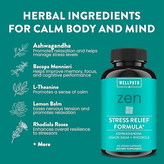 WellPath Zen Stress Relief Supplement + Mood Support | Calm Stress &amp Energy Support | Ashwagandha Root Rhodiola Rosea L-Theanine Lemon Balm | Herbal Capsules 60 Ct