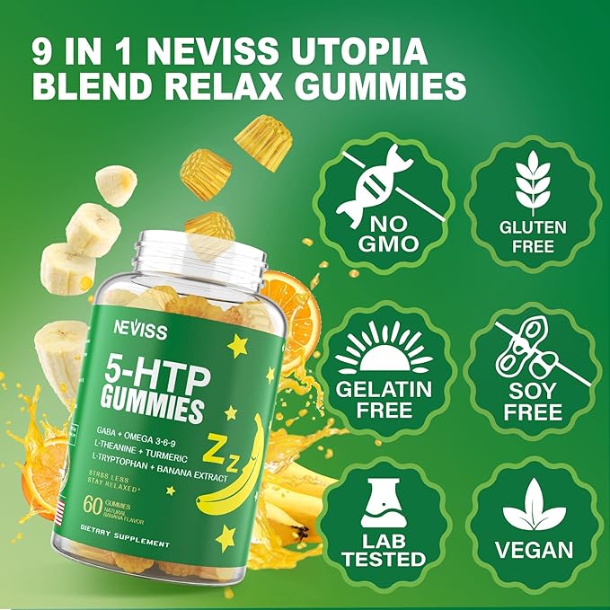 Melatonin Free Sleep Aid Gummies + 5-HTP Gummies for Adults  with GABA L-Theanine L-Tryptophan Magnesium Ashwagandha Turmeric - Non-Habit Forming Banana Extract Help for Deep Relaxation Calm