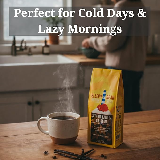 Sleepy Bear Detroit Bourbon Vanilla Ground Coffee - Light Roast Flavored Coffee Ground and Roasted in Michigan No Added Sugar 16oz Reclosable Bag (1 16 oz)