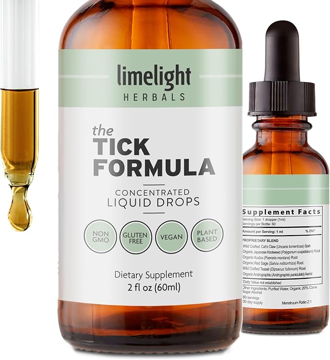 LIMELIGHT HERBALS Tick Formula Liquid Drops – Natural Tick Support Immune Boost &amp Detox – Japanese Knotweed Andrographis Cat’s Claw Red Sage Kudzu Teasel – 60 Servings – Vegan Non-GMO USA
