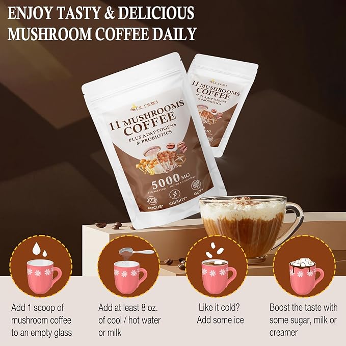 Mushroom Coffee 11 Organic Mushrooms Plus Adaptogens &amp Probiotics with Lion's Mane Chaga Reishi Cordyceps Complex Instant Coffee for Focus Energy Gut Digestion Immunity - 5.3oz