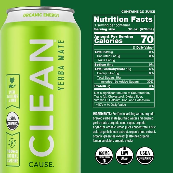 CLEAN Cause Low Calorie Low Sugar &amp Zero Calories Zero Sugar Variety Pack Sparkling Yerba Mate Tea 160mg Caffeine Organic Healthy Alternative to Energy Drinks (16oz cans 2-12-Pack Case)
