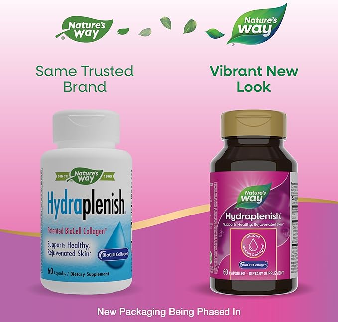Nature’s Way Hydraplenish Unique BioCell Collagen with Hyaluronic Acid MSM Supports Healthy Hair Skin and Nails* 60 Collagen Supplements Capsules (Packaging May Vary)