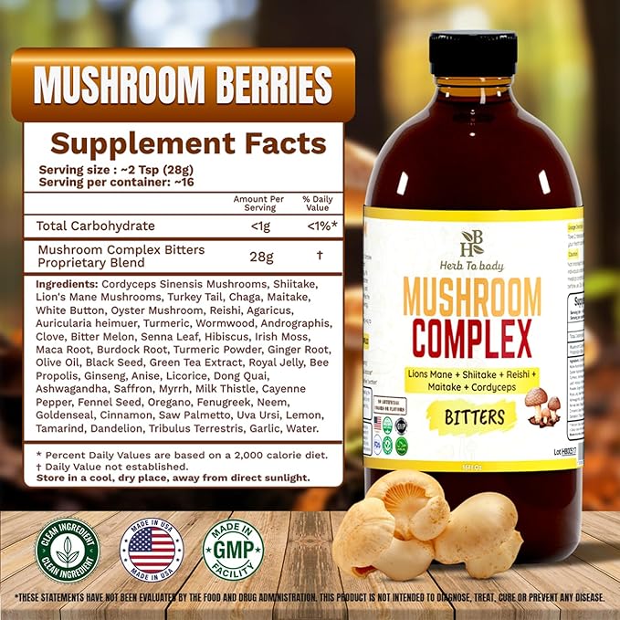 Herb to Body Mushroom Bitters Liquid Herbal Mushroom Blend - Non-GMO Gluten-Free &amp Vegan Perfect for Culinary Creations &amp Herbal Blends Wildcrafted 16 fl oz