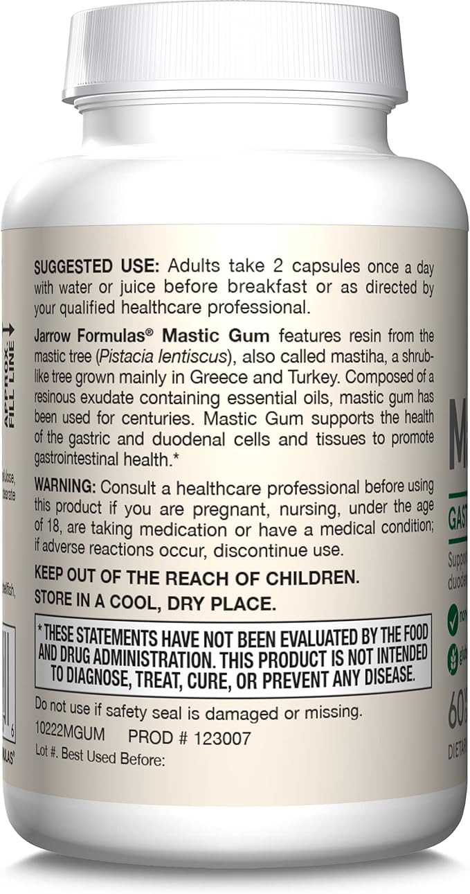 Jarrow Formulas Mastic Gum 1000 mg - 60 Veggie Caps - Mastic Gum Capsules Supporting Stomach and Duodenal Health - 30 Servings