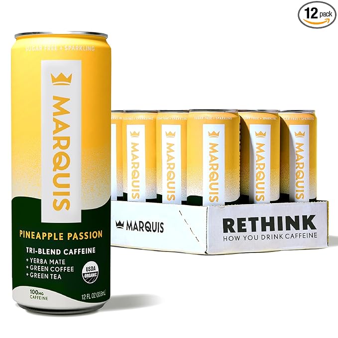 Marquis Natural Energy Drinks Sugar Free Zero Calories - 100mg Organic Plant Based Caffeine Yerba Mate Green Tea &amp Green Coffee - Vitamin C &amp Bs - Pineapple Passion Healthy Energy Drink - 12 P