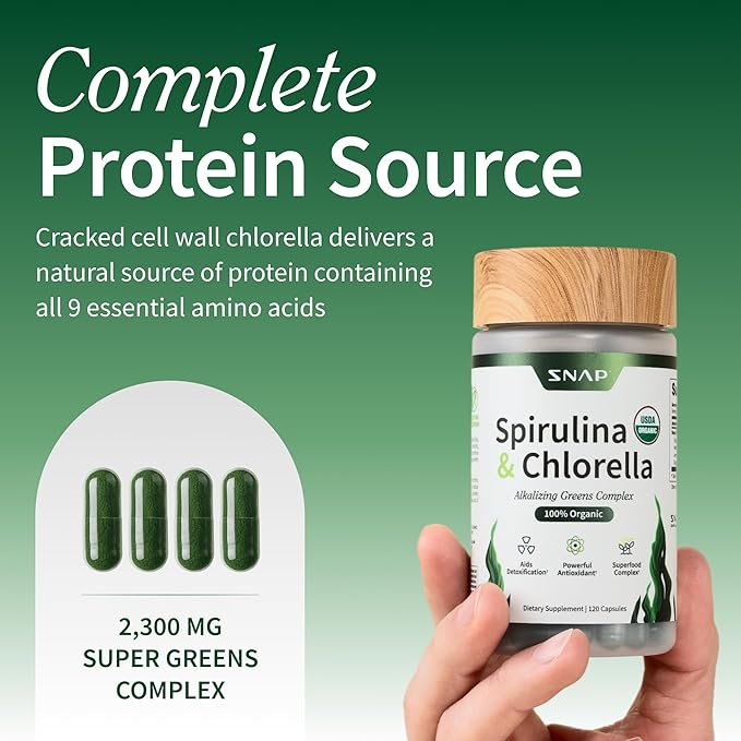 Snap Supplements Organic Spirulina and Chlorella - Protein Rich Blue Green Algae Superfood Supplement for Energy and Immune Support 120 Vegetarian Capsules (30 Servings 1 Month Supply)