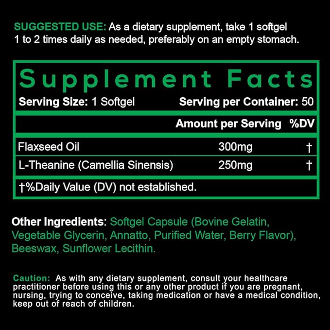 Smarter L-Theanine 250mg Supplement in Non-GMO Flaxseed Oil 50 Liquid Softgels