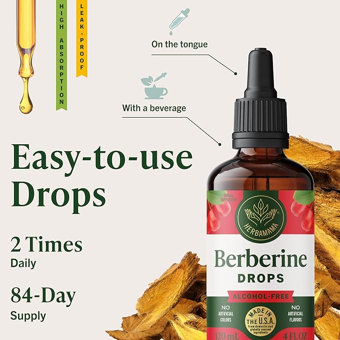 HERBAMAMA Berberine Liquid Drops - Vegan Antioxidant &amp Overall Support with Berberine HCL 500mg Extract Tincture - Non-GMO Alcohol &amp Sugar-Free Supplement 84-Day Supply