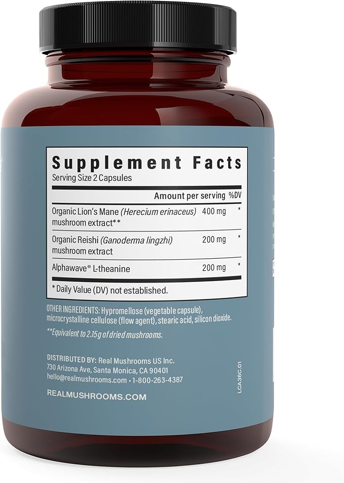 Real Mushrooms Lion’s Mane Calm Capsules (90 Count) – Organic Lions Mane Fruiting Body Extracts 200mg Organic Reishi 200mg AlphaWave L-Theanine for Calm Clarity &amp Relaxed Alertness 90ct
