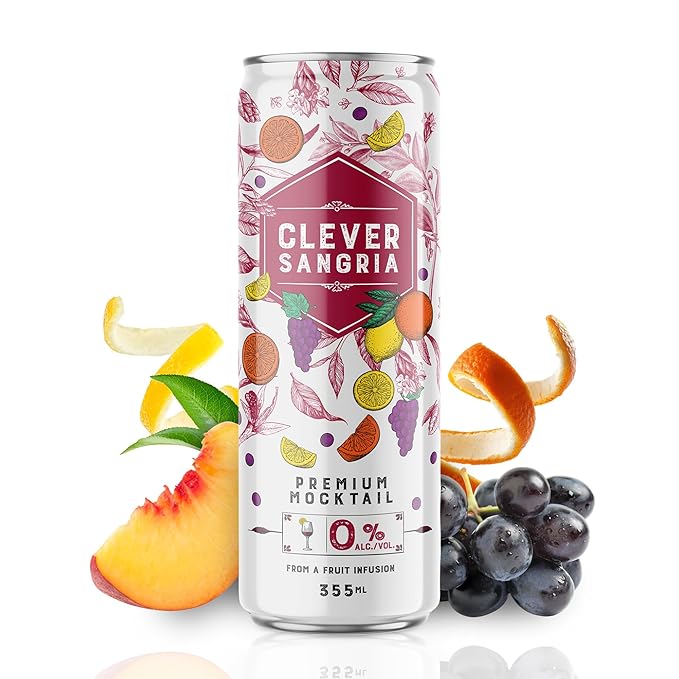 CLEVER - Sangria Nonalcoholic Mocktails for Any Occasion Refreshing Beverages with Citrus &amp Botanical Extracts Low-Calorie Mocktails Non-alcoholic Drinks with 70 Calories Pack of 12 (12 oz Ea)
