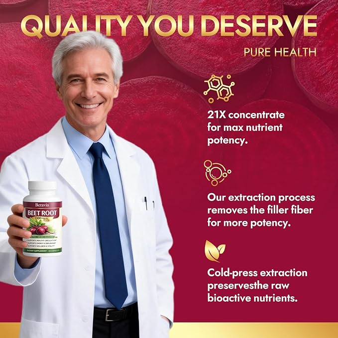 Beetroot Capsules Containing 1300mg of Beetroot Per Serving Help Boost Energy and Improve Blood Circulation Vegan Non-GMO and Gluten-Free - 60 Capsules