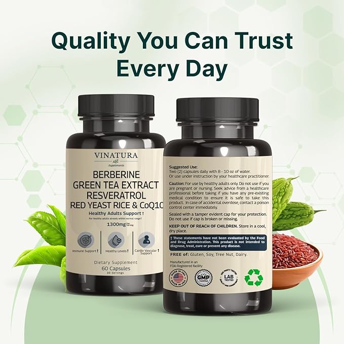 VINATURA Berberine HCL &amp Ceylon Cinnamon - Red Yeast Rice &amp CoQ10 1300mg per Serving *USA Made &amp Tested* Healthy Levels with Green Tea Extract Resveratrol Magnesium Glycinate Chromium