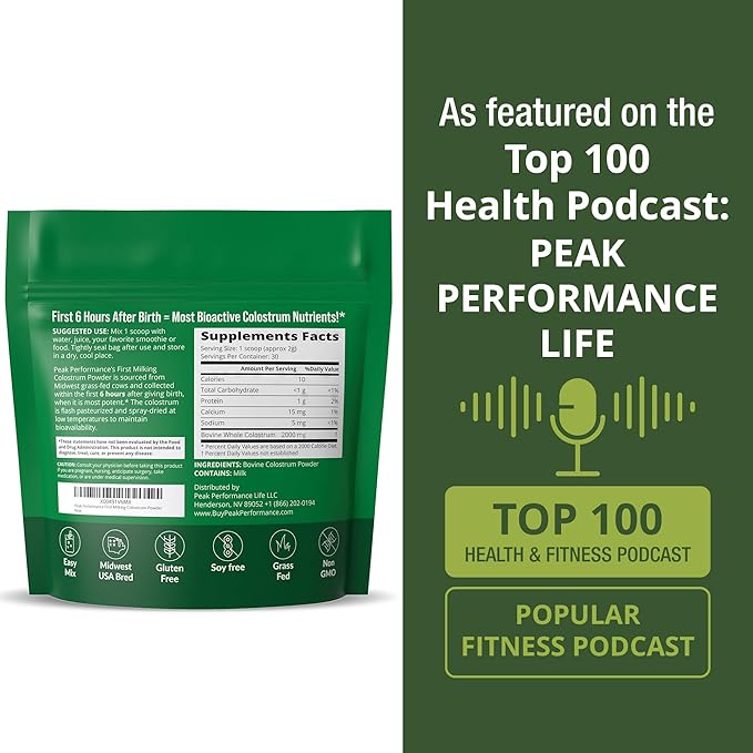 First Milking Colostrum Powder from Grass Fed USA Cows Milked Within 6 Hours of Giving Birth to Get the Most Bioactive Nutrients. High Immunoglobulin Non-GMO Bovine Colostrum Supplement for Humans