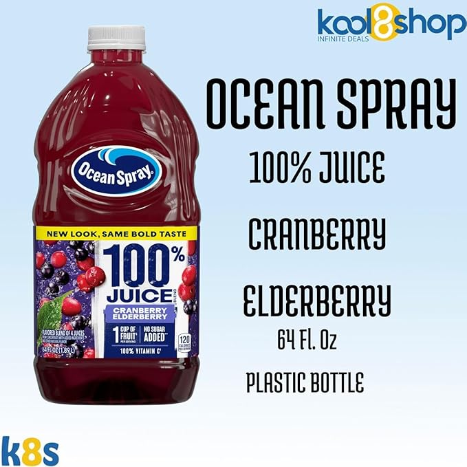 Ocean Spray Cranberry Elderberry 100% Fruit Juice No Added Sugar 64 fl oz 4 Pack + 15 Sugarcane Disposable Straws by KOOL8SHOP Infinite Deals