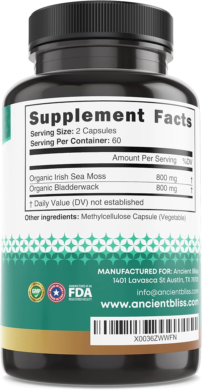 Ancient Bliss Organic Irish Sea Moss Pills - Dr Sebi Wildcrafted Seamoss Capsules | Thyroid Healthy Skin &amp Gut Support | 120 Capsules