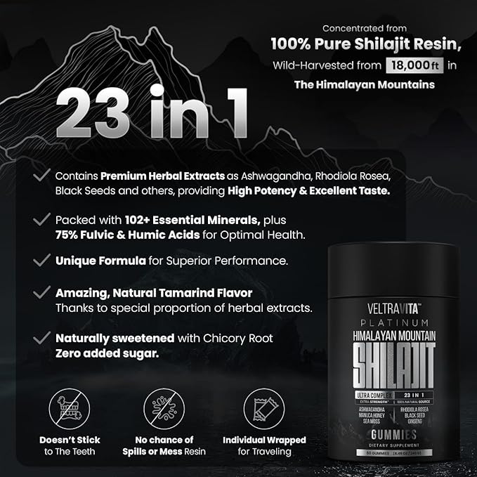 28000 mg 23-in-1 Himalayan Shilajit for Men Ashwagandha Gummies Platinum Irish Sea Moss Gel Black Seed Oil Manuka Honey Medical Grade Tongkat Ali Rhodiola Rosea No Sugar Lab Test