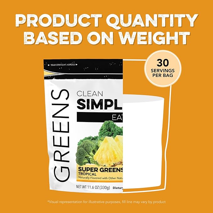 Clean Simple Eats Super Greens Powder Naturally Flavored Greens Powder with Chlorella Spirulina Superfoods &amp Prebiotic Fiber No Artificial Ingredients Gluten Free Tropical Greens Flavor 30