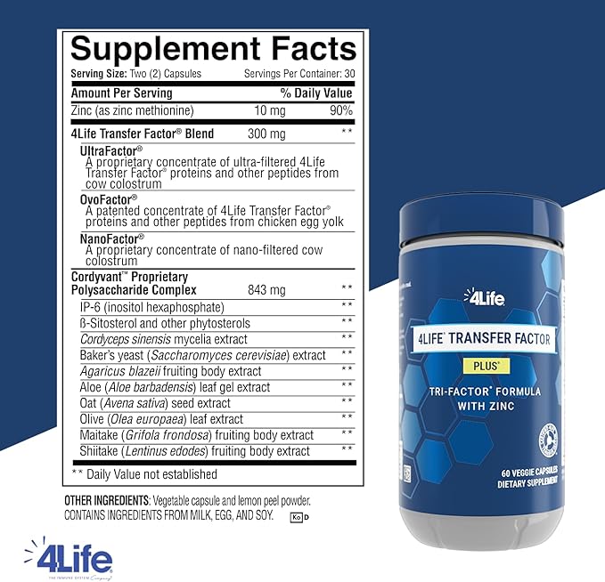 4Life Transfer Factor Plus - Support with Zinc Super Mushroom Blend (Maitake Shiitake Agaricus) and Colostrum &amp Egg Yolk Extracts - 60 Capsules