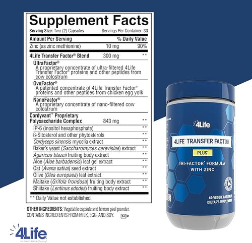 4Life Transfer Factor Plus - Support with Zinc Super Mushroom Blend (Maitake Shiitake Agaricus) and Colostrum &amp Egg Yolk Extracts - 60 Capsules