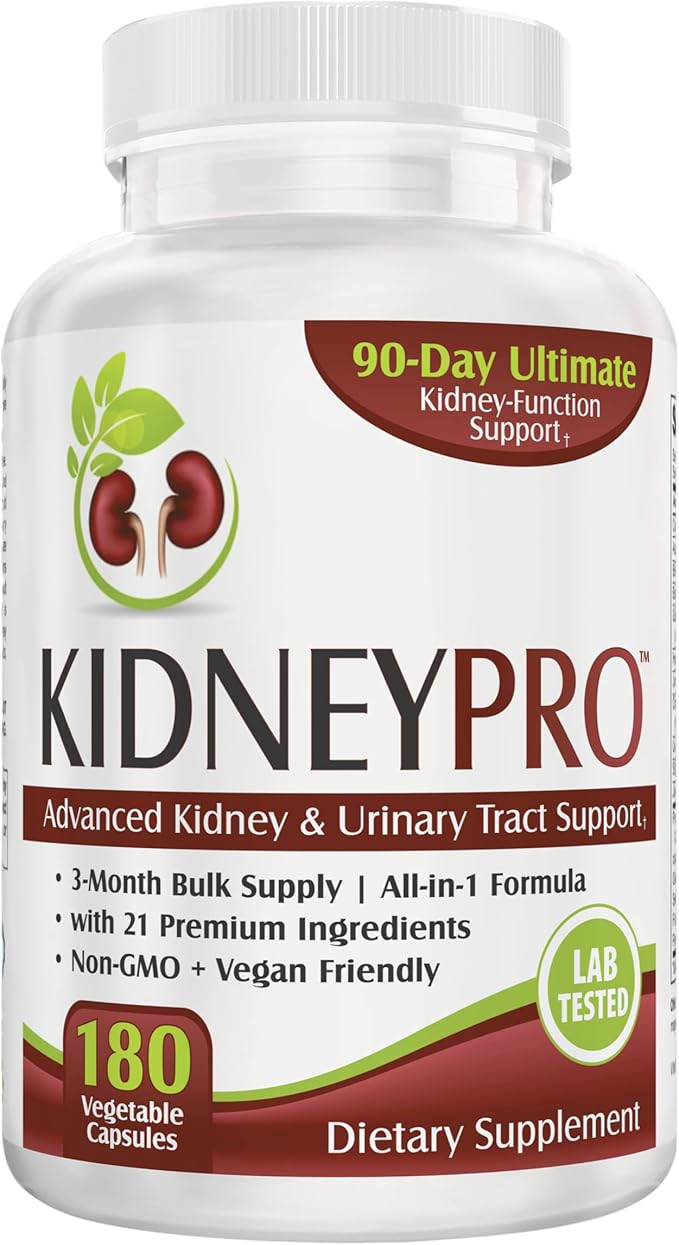 Kidney-Pro (3-Month) with 21 Kidney Support Supplements in 1 Formula | Men &amp Women | Health Supplement Complex | 90-Day Bulk Supply | 180 Capsules