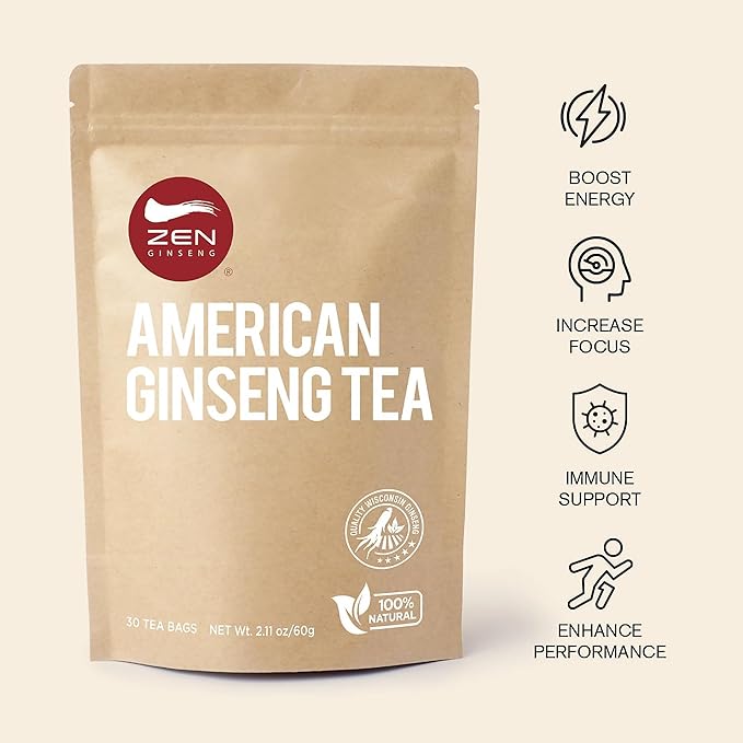 Zen Ginseng Tea 30 ct Triangle Teabags. American Ginseng Tea 花旗参三角茶包 Boosts Body Energy Immunity and Stamina.