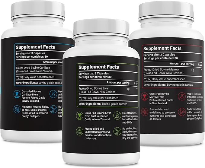 Trio – Grass-Fed Beef Liver Bovine Cartilage &amp Bone Marrow Capsules: Freeze-Dried Whole-Food Organ Supplement Type II Collagen Joint Support Nutrient-Dense Ancestral Nutrition (3 x 90caps)