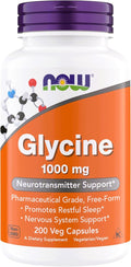 Now Foods Glycine 1000mg Free-Form Pharmaceutical Grade Neurotransmitter Support* Promotes restful Sleep* Gluten Free Vegan Kosher 200 Vegetarian Capsules (Pack of 1)