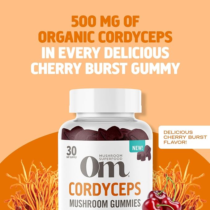 OM MUSHROOM SUPERFOOD Cordyceps Gummies – USA Grown Organic Mushrooms – Supports Endurance Energy &amp Recovery – Cherry Burst Flavour – 30 Servings 60 Count.