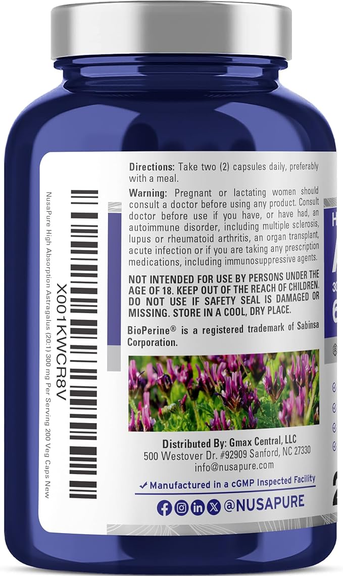 NusaPure Astragalus 20:1 Extract 300 mg Equivalent to 6000mg Per Serving 200 Veggie Capsules Vegan Non-GMO &amp Bioperine