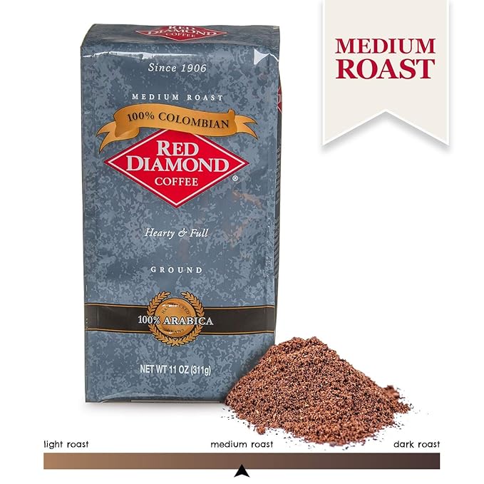 Red Diamond Ground Coffee 100% Colombian Medium Roast Premium Arabica Beans Hearty &amp Full Flavor 11 Ounce Resealable Bags (4 Pack)