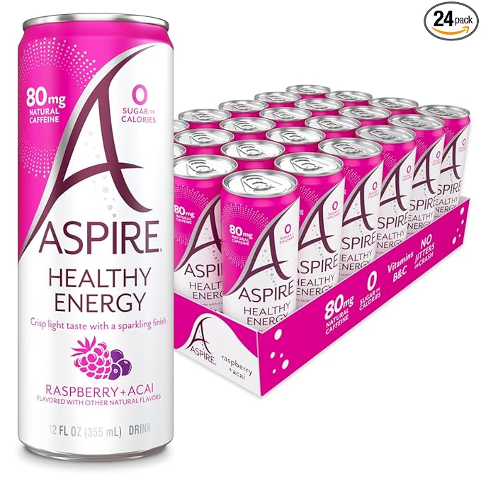 ASPIRE® Raspberry Acai Healthy Energy Drink 80mg Natural Caffeine Zero Sugar No Carbs Keto Friendly 24 Pack Green Tea Sugar Free Drink Low Caffeine Zero Calorie