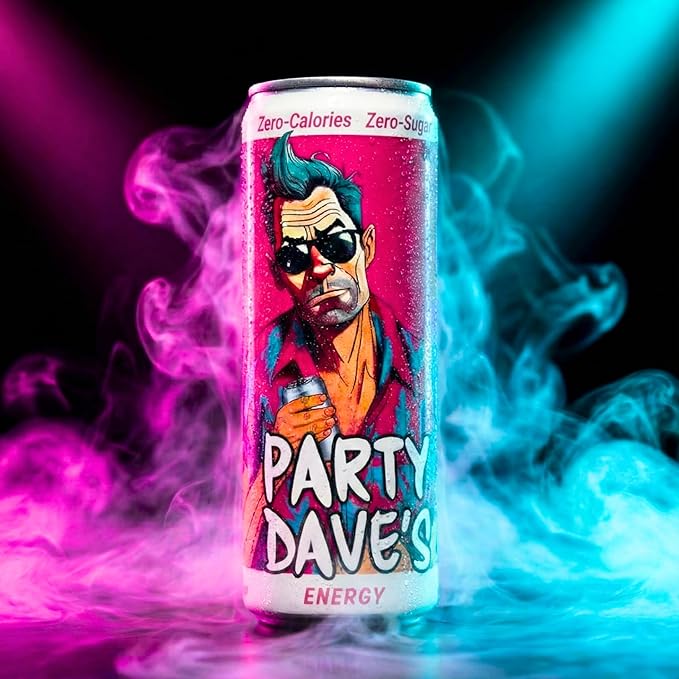Party Dave's Zero Sugar Energy Drink 12 Pack -120mg Natural Caffeine &amp L-Theanine for Focus B-Vitamins (B6 B12 Biotin) Dye-Free Original Tart &amp Sweet Flavor 12oz Cans