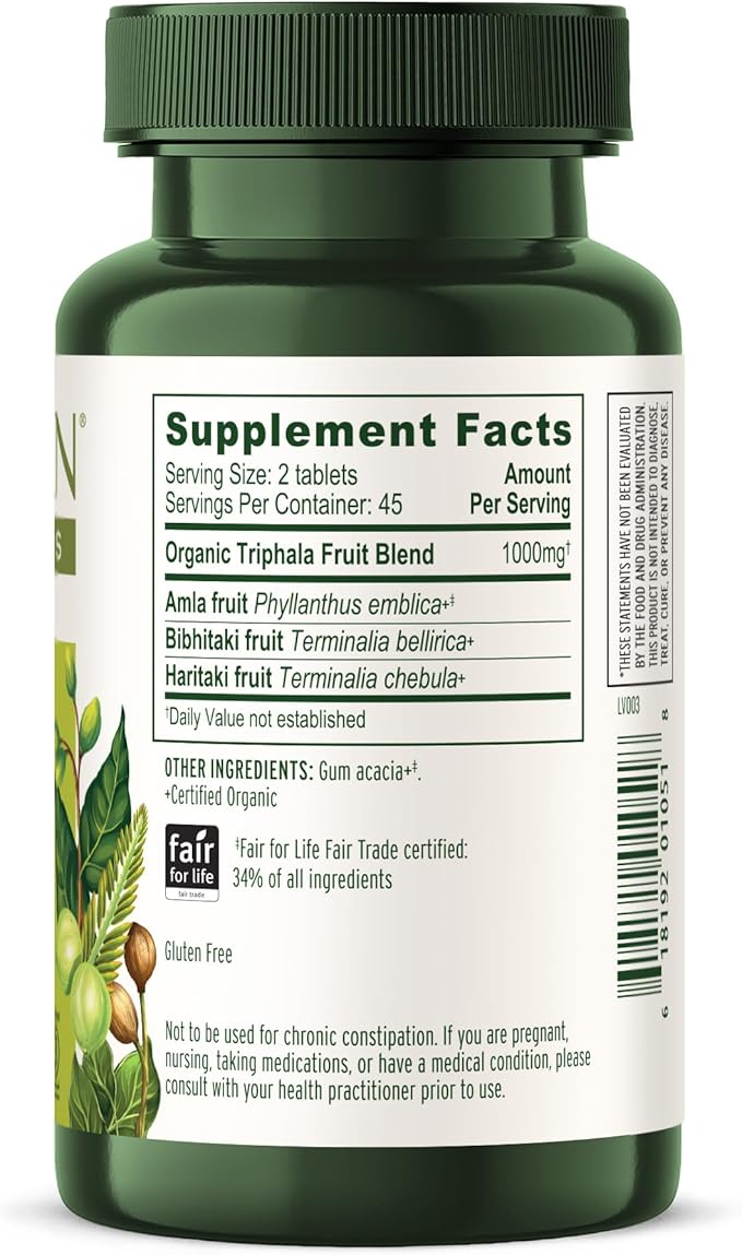 Banyan Botanicals Organic Triphala Tablets - Gentle Daily Digestion &amp Colon Cleanse Support - Amla Haritaki Bibhitaki - Healthy Elimination Detox &amp Gut Microbiome - 90 Tablets - Non-GMO Ve