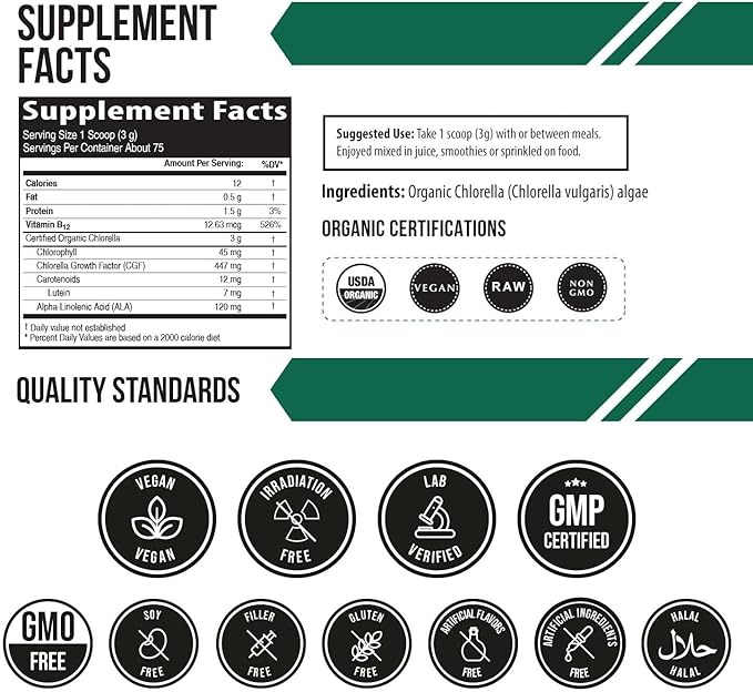 Organic Chlorella Powder – Raw &amp Sun-Grown – Nutrient-Dense Green Algae with CGF (Chlorella Growth Factor) Supports Overall Well-Being and Vitality – Vegan-Friendly – 75 Servings (225g)
